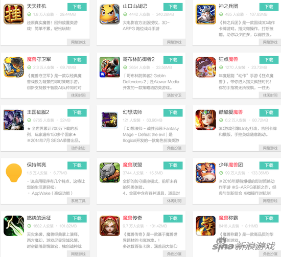 市场中各类型的魔兽山寨手游