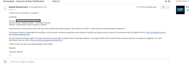 该玩家收到的封禁处理邮件