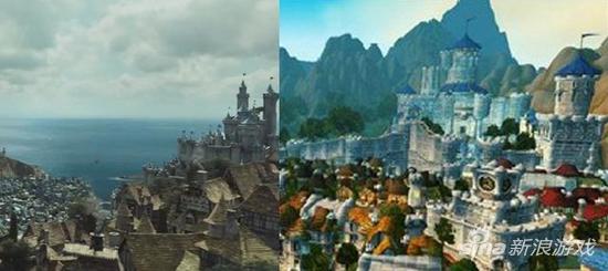 左边为电影中的暴风城，右边为魔兽世界中的暴风城