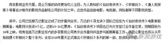 《仙剑奇侠传》、《轩辕剑》将拍大电影