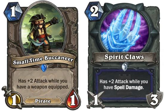 左：当你装备一把武器时，该随从获得+2攻击力；右：当你拥有法术伤害时，获得+2攻击力