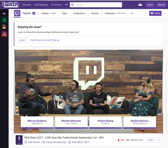 Twitch的PAX West直播频道开启后，观看人次已经过亿，比展会的线下客流量更高