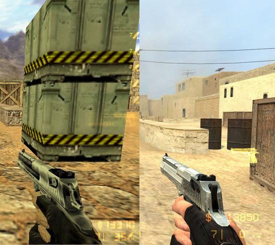 CS时代手枪除了沙鹰，真的没有什么可用的了（格洛克、USP两把初始枪除外），图片左为CS1.6，右为CS：S
