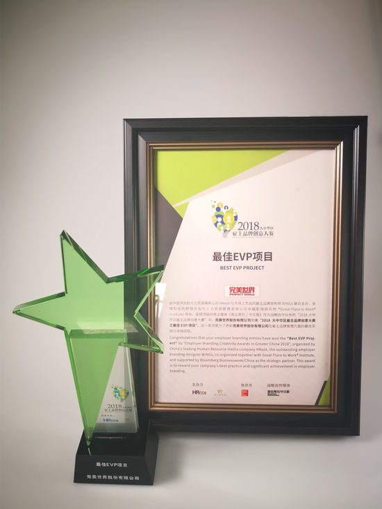 图为完美世界荣获2018大中华区雇主品牌创意大赛“最佳EVP项目奖”