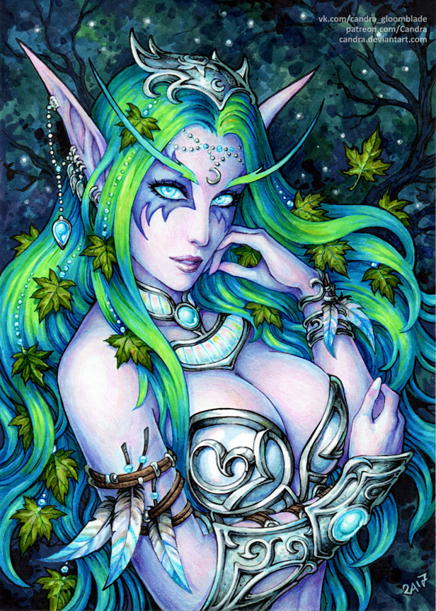 魔兽画作:月之女祭司泰兰德 浓墨重彩不挡圣洁-魔兽世界