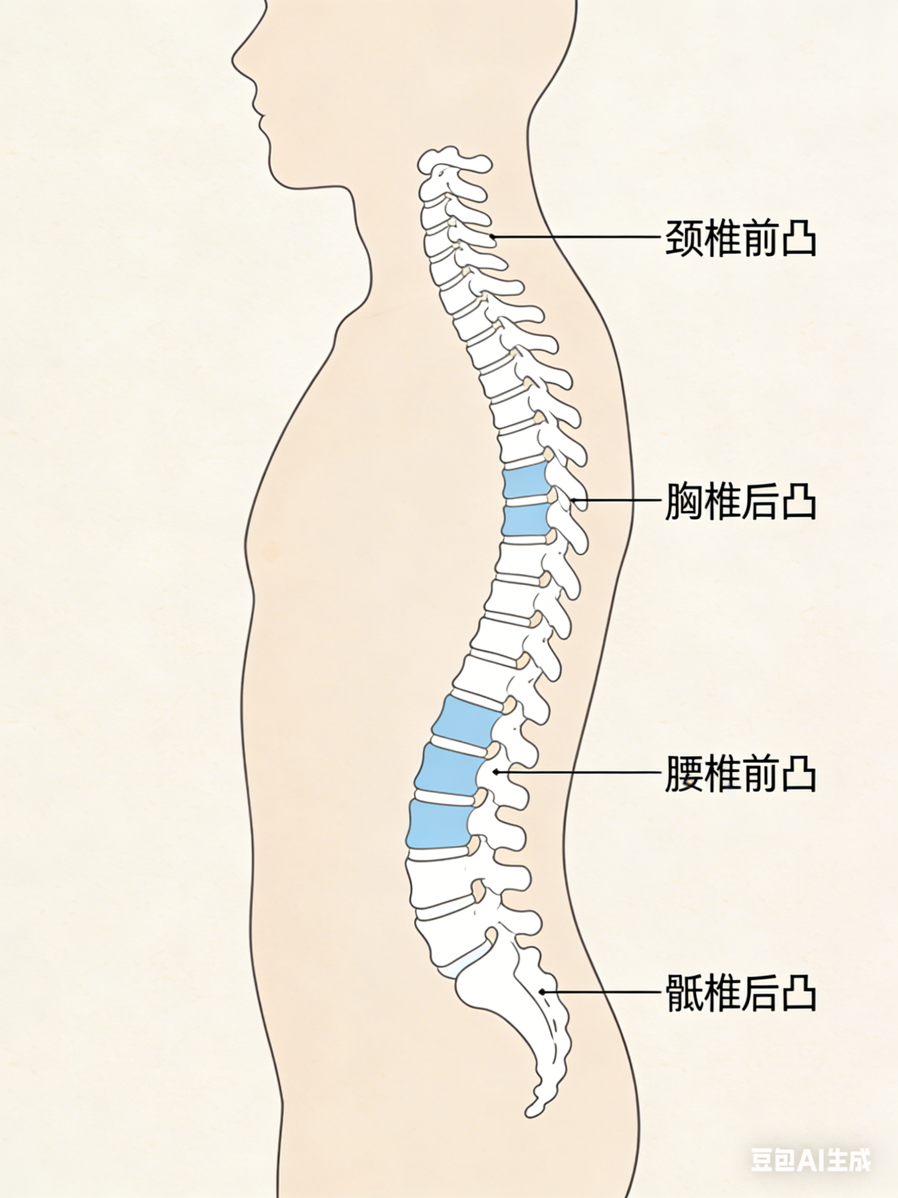 正常脊柱的生理弯曲示意图（AI作图）
