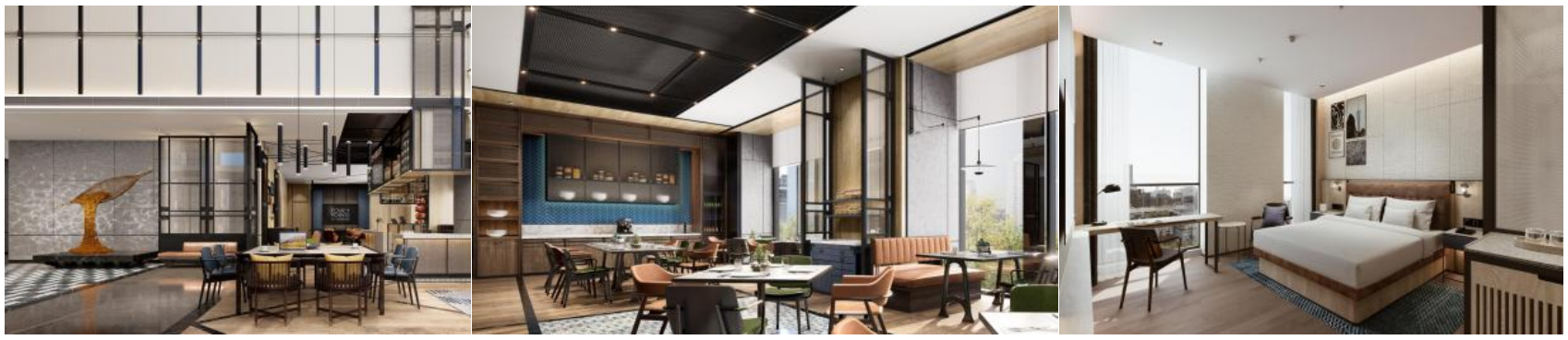 从左到右：广州白鹅潭福朋喜来登酒店大堂吧、玩啤食社（The Mesh）、客房