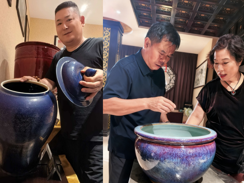 吕剑与河南神垕与高丙建大师及其夫人洽谈玉石釉水发酵缸的器形和工艺等特制细节