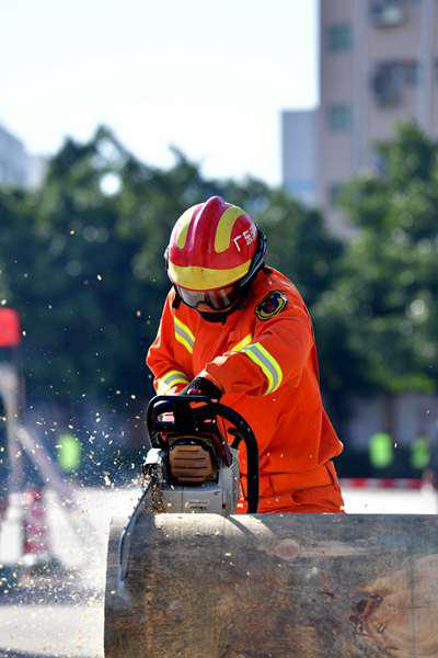 图为:消防救援人员开展机动链锯锯木作业,主要考核1名战斗员操作机动
