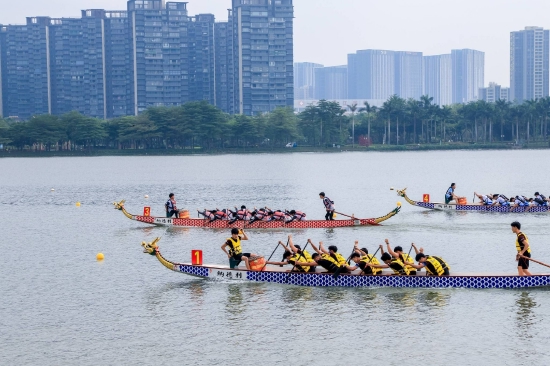 龙舟在桂畔湖上乘风破浪