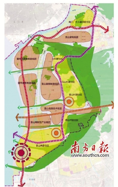 未来富山产业新城将形成以新城中心为"一核"的"两心三轴九组团"空间