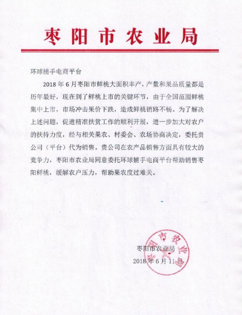 湖北枣阳市农业局向环球捕手发出助销鲜桃的邀请