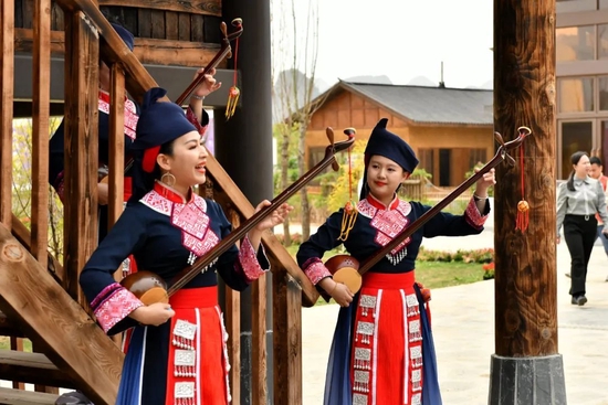 天琴传承人弹奏壮族天琴迎接网络达人.本报记者 梁文君 摄