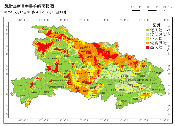 2025年7月14-16日湖北省高温中暑气象风险等级