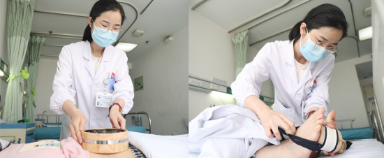 (武汉市第一医院针灸科医生胡晔为胃肠病患者做脐疗,隔姜灸腹部神阙穴的同时艾灸脚底涌泉穴 通讯员 代雨朦 摄)