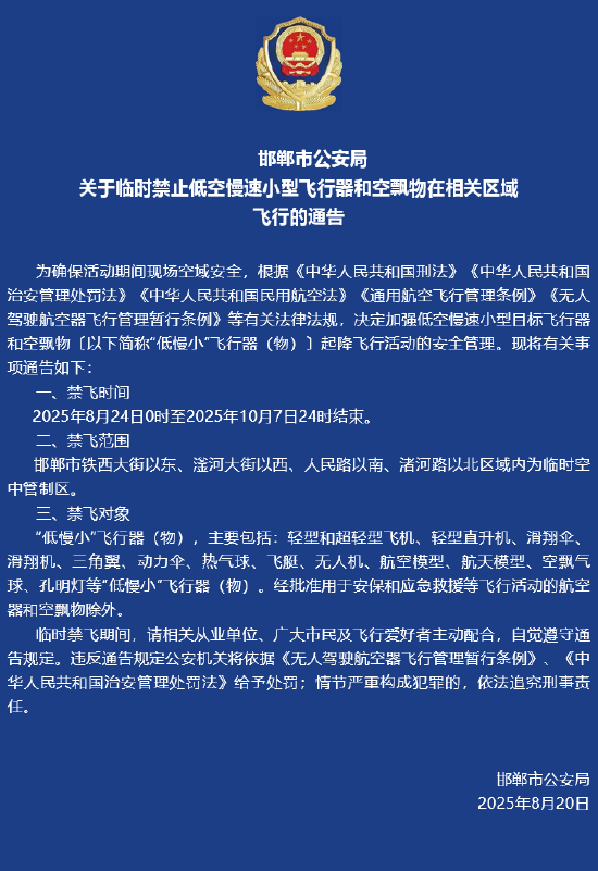邯郸市公安局关于临时禁止低空慢速小型飞行器和空飘物在相关