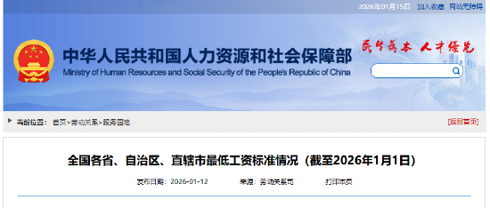 全国各省、自治区、直辖市最低工资标准情况（截至2026年1月1日）