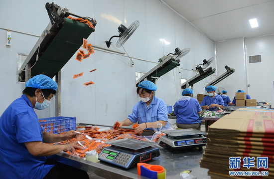 8月23日,南阳市宛城区汇金食品有限公司生产车间,工人在包装辣条.