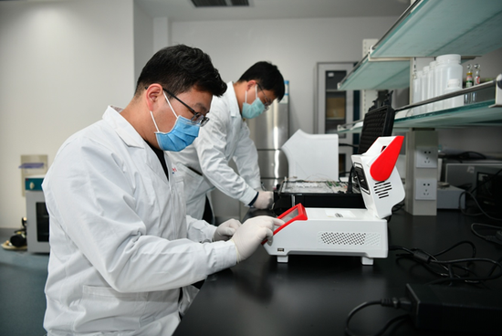 (实验室里进行紧张而有序的检测工作)