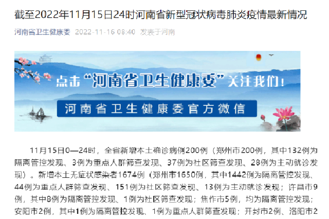 截至2022年11月15日24时河南省新型冠状病毒肺炎疫情最新情况