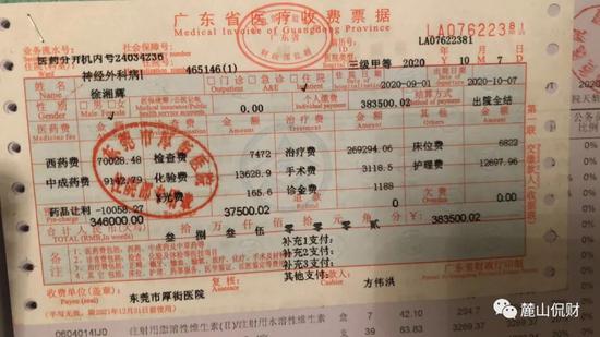 徐湘辉在广东住院治疗花费38.5万元票据