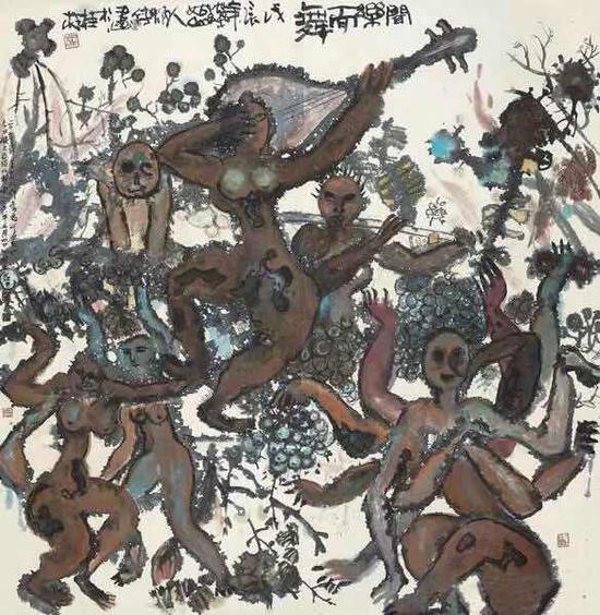 闻乐而舞 137×137cm 水墨设色 1987
