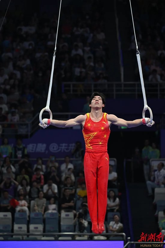 湖南运动员张博恒在体操吊环比赛中.