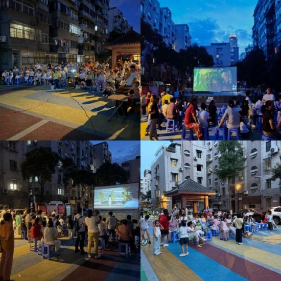 五老村游府新村社区露天电影放映现场