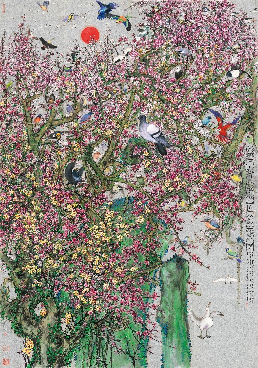 萧晖荣作品《一带一路 鸟鸣花开》