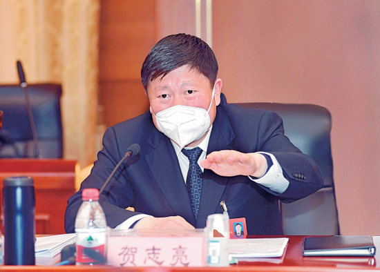 图为吉林市委书记贺志亮参加市十七届人大三次会议永吉代表团分组审议