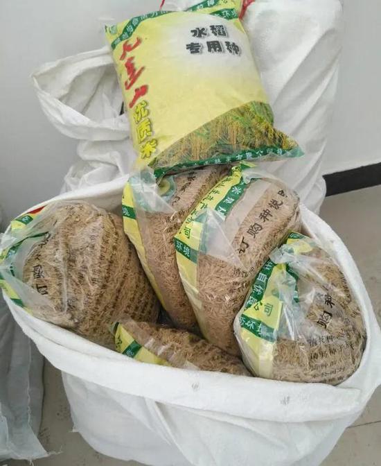 正平镇发现一批简易蛇皮袋,塑料袋包装的"三无"水稻种子,该批种子明显