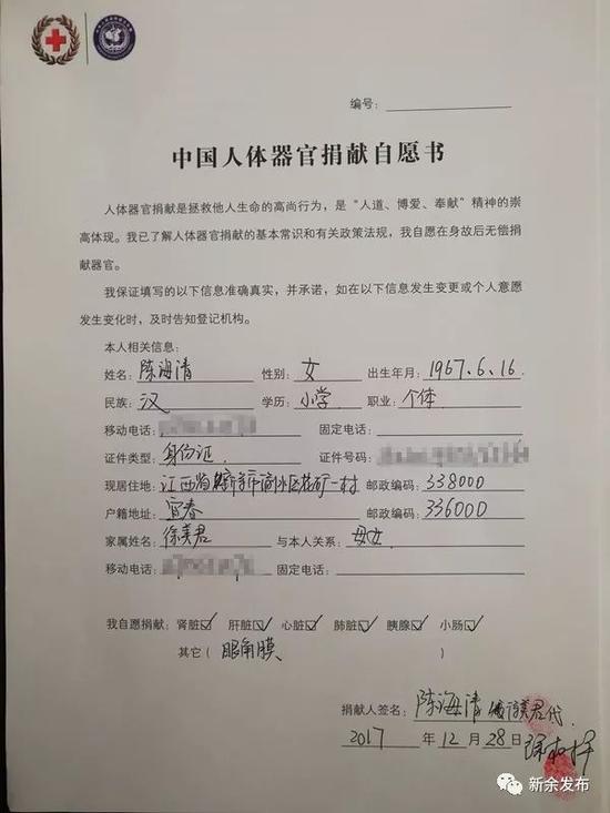 徐美君和徐树平代陈海清在中国人体器官捐献自愿书上签字