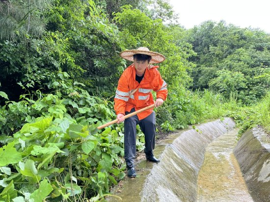 图为作业人员冒雨清理水沟两侧杂草。 叶修智/摄