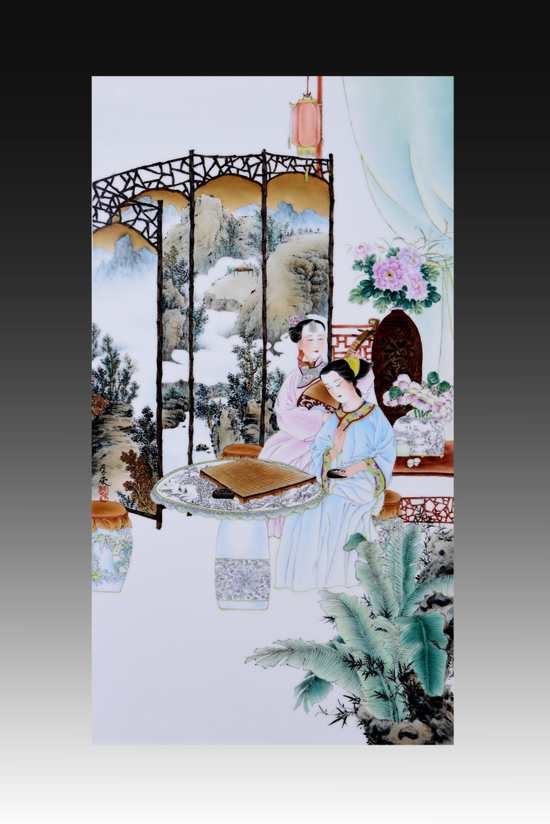 新粉彩仕女瓷板 《余音绕梁之一》 尺寸:81/44cm