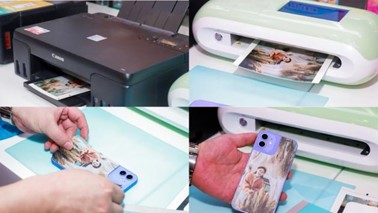 在展会现场使用佳能腾彩PIXMA 6色加墨式照片打印机G580和经纬线切膜机制作手机背膜