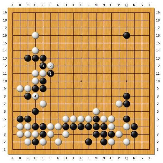 【图5】白74时，黑棋显然不能选择反击。黑1如果扳的话，白2和4之后黑棋就崩溃了。