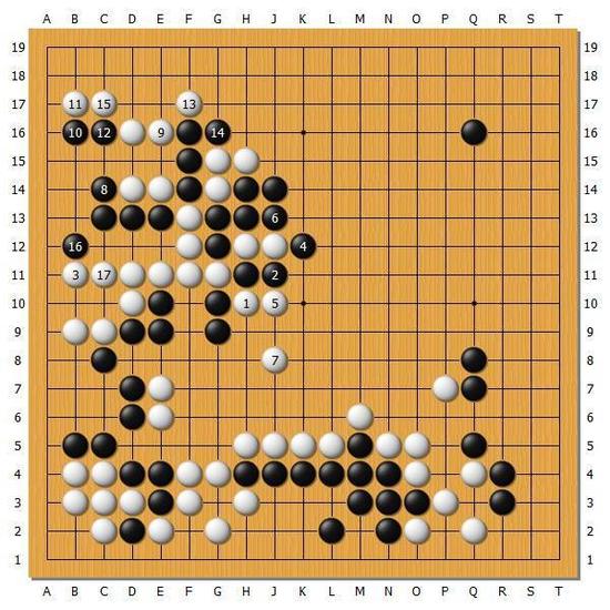 【图13】黑8很想出动黑棋，但是行至白17局部的对杀还是白棋有利的样子。
