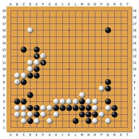 【图4】黑71跳之后，白棋这个时候很想拐一个，不过黑2和4的反击将会是一大威胁。