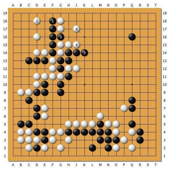 【图14】黑棋挡住的话被白棋守住了左上角，如果黑3冲出的话行至白6局部的黑棋非常麻烦。
