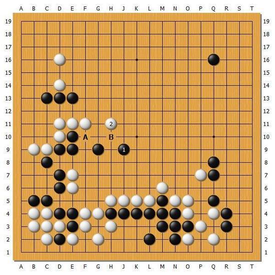 【图8】黑1跳是最一般的下法，不过白2跳过来之后黑棋的上方和下方就有被缠绕攻击的意味了。