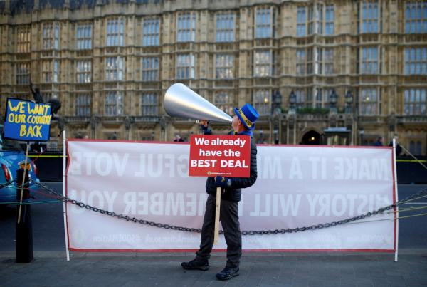 1月8日，一名“脱欧”的反对者在英国伦敦议会大厦外示威。  新华社 图