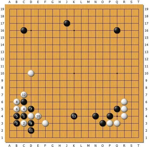 图1，左下角黑棋取地白棋取势的态势，黑13是远离白棋外势的一个绝佳的选点