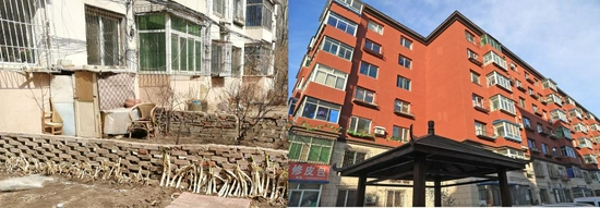 改造之前的违章建筑,2020年7月16日摄;右图为改造后的小区楼房外观