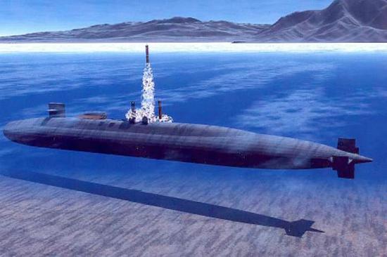 图为表现"俄亥俄"战略核潜艇水下发射核导弹的绘画作品。