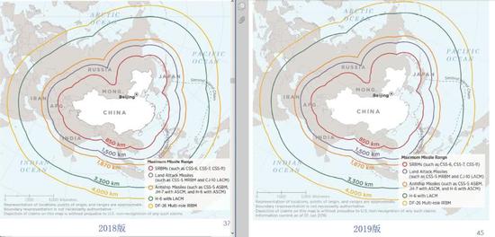 中国常规导弹射程范围示意图2018版与2019版的几乎没有区别。