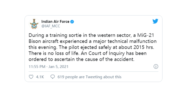 印度空军一架米格21战机夜间坠毁 飞行员跳伞逃