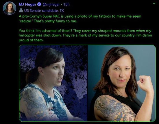 美退役女兵纹汉字遮盖战斗伤疤 被攻击为"激进分子"|民主党|参议员