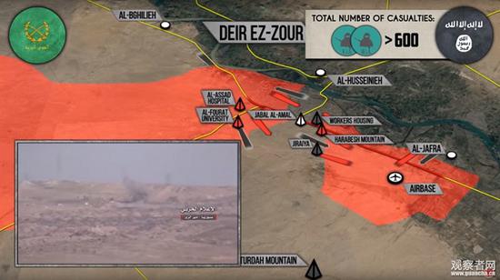  截止至1月23日的代尔祖尔形势图，红色部分为叙利亚政府军控制区 