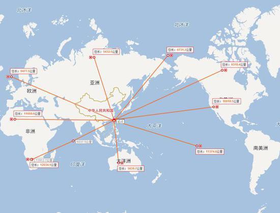 如图,从宝岛台湾这里出发,到北美洲,欧洲,南美洲,大洋洲距离更平均化