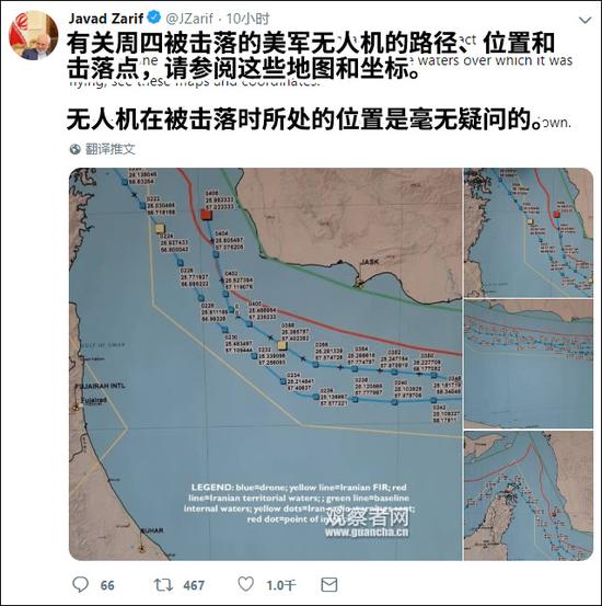扎里夫上周六（22日）公布的被击落无人机航迹图 社交媒体推特